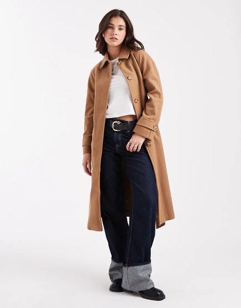  New Look Button Front Belted Coat In Tan Brown 