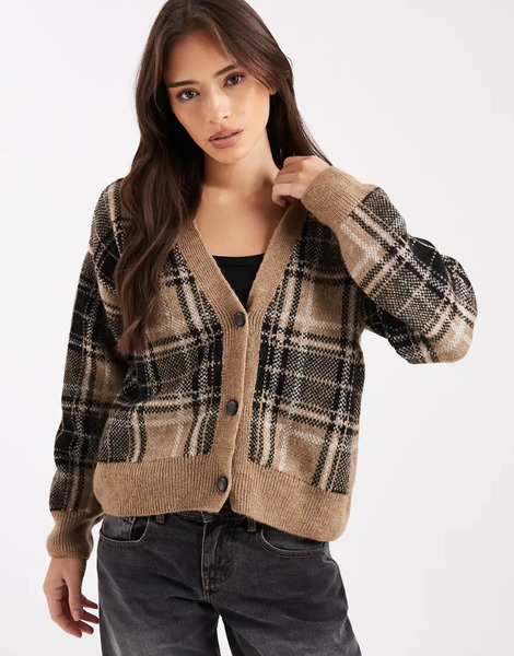  New Look Check Cardigan In Brown 