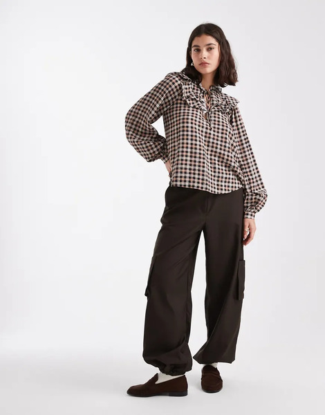  New Look Check Frill Blouse In Brown Red 
