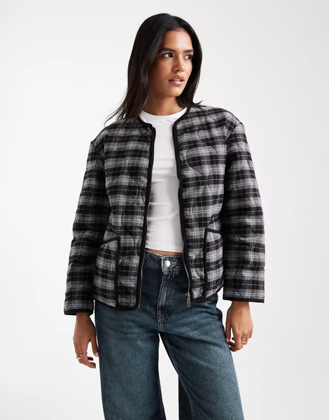  New Look Check Quilt Padded Jacket In Brown 