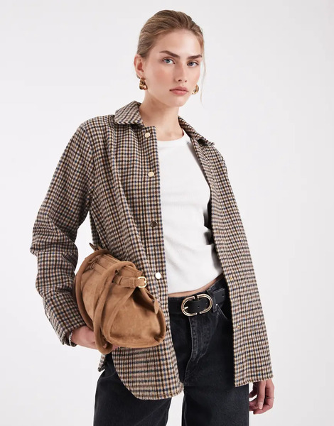  New Look Check Shacket In Brown 