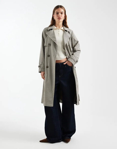  New Look Check Trench Coat In Brown Pattern 