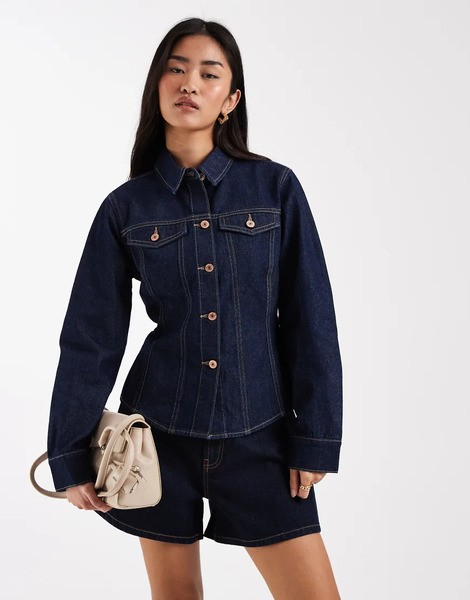  New Look Cinched Denim Jacket In Navy 