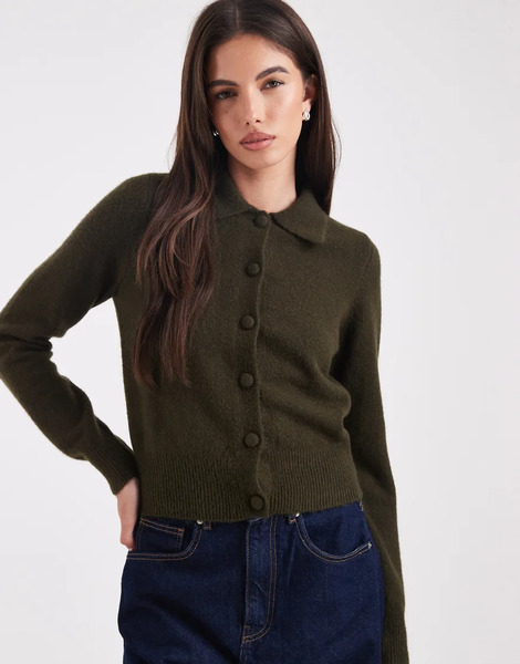  New Look Collared Cardigan In Khaki Green 