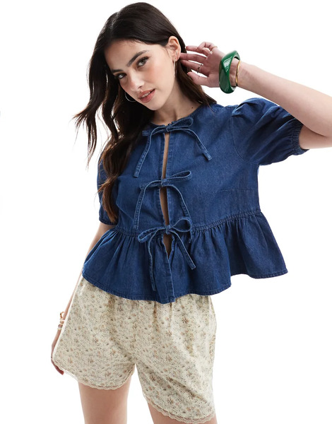  New Look Denim Tie Front Top In Blue 