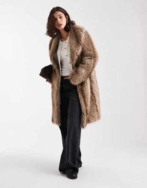  New Look Faux Fur Coat In Mixed Brown Pattern 