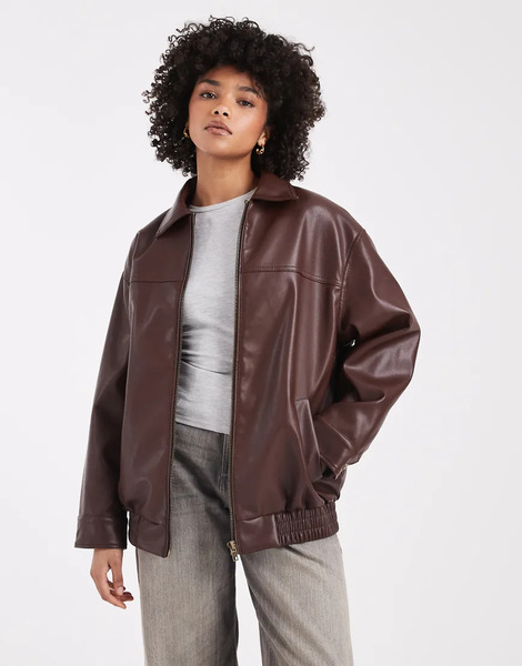  New Look Faux Leather Oversized Bomber Jacket In Dark Brown 
