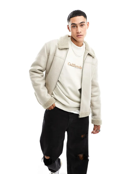  New Look Faux Shearling Aviator Jacket In Stone Neutral 
