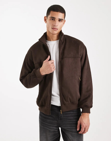  New Look Faux Suede Bomber Jacket In Dark Brown 