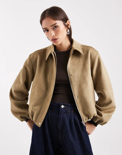  New Look Faux Suede Bubble Hem Jacket In Tan Green 