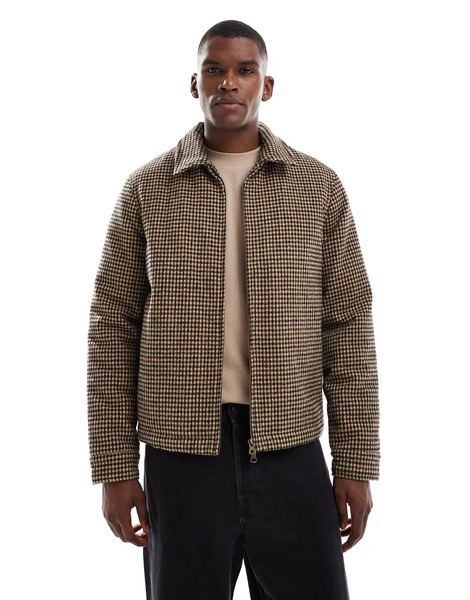  New Look Faux Wool Jacket In Brown Micro Check 