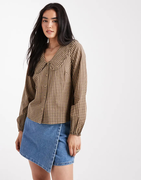  New Look Gingham Collared Shirt In Brown 