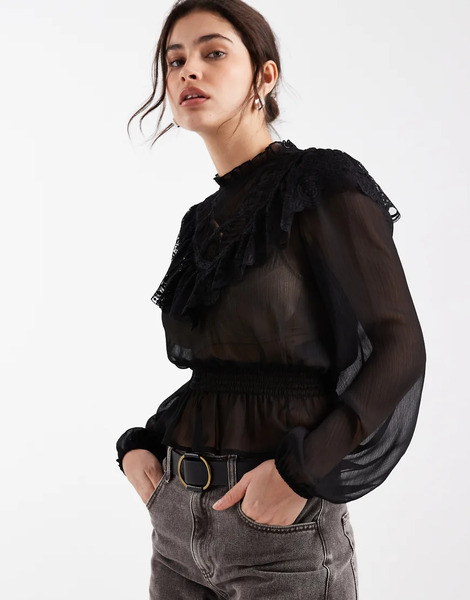  New Look Lace Insert Chiffon Blouse In Black 