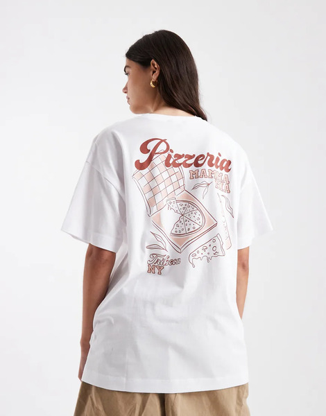  New Look Pizzeria Printed Oversized Tee In White 
