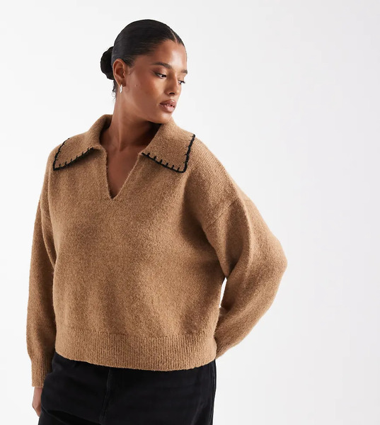  New Look Curve Blanket Stitch Jumper In Tan Brown 