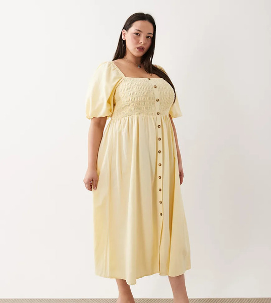  New Look Curve Button Through Milkmaid Midi Dress In Yellow 