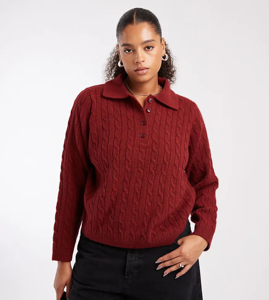  New Look Curve Cable Knit Polo Jumper In Red 