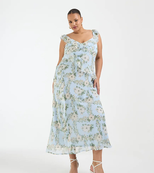  New Look Curve Floral Chiffon Ruffle Midi Dress In Blue 
