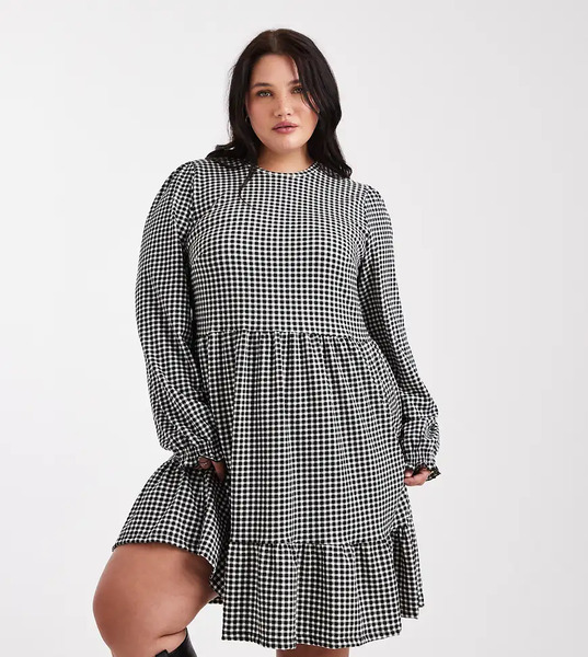  New Look Curve Gingham Tiered Smock Mini Dress In Black Pattern 