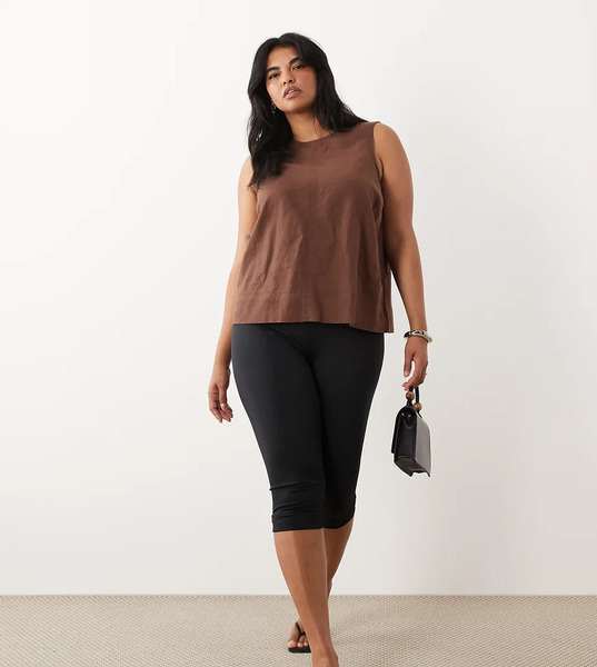  New Look Curve Linen Shell Top In Brown 