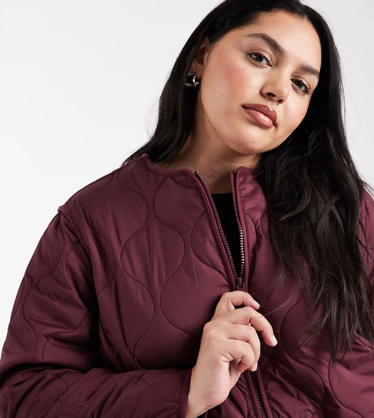  New Look Curve Quilt Padded Jacket In Burgundy Red 