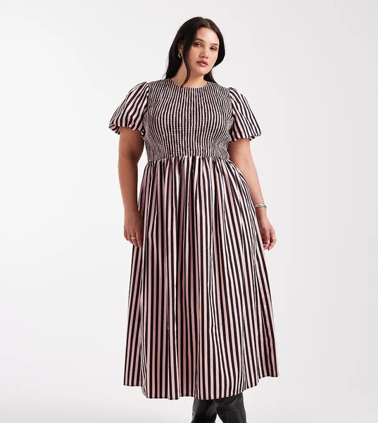  New Look Curve Stripe Shirred Midi Dress In Pink Pattern 
