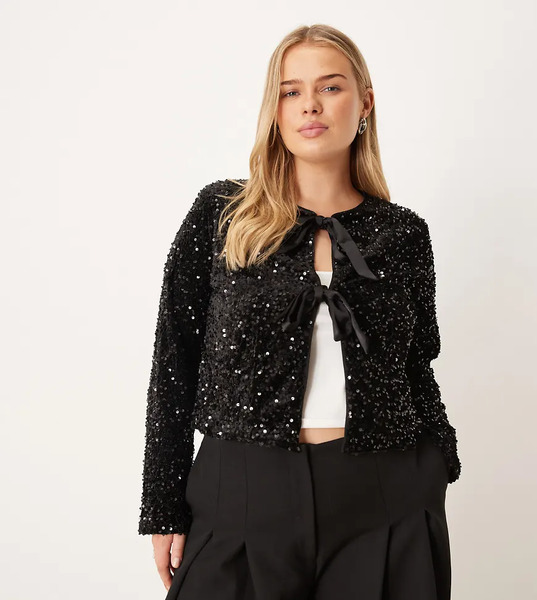  New Look Curve Velvet Sequin Jacket In Black 
