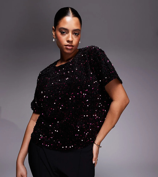  New Look Curve Velvet Sequin Tee In Burgundy Red 