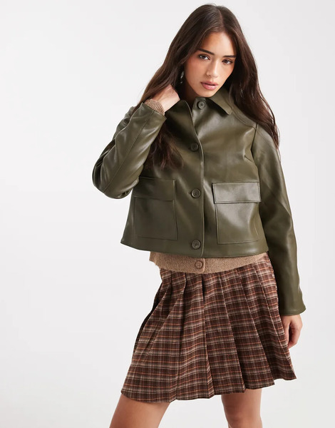  New Look Pu Patch Pocket Jacket In Khaki Green 