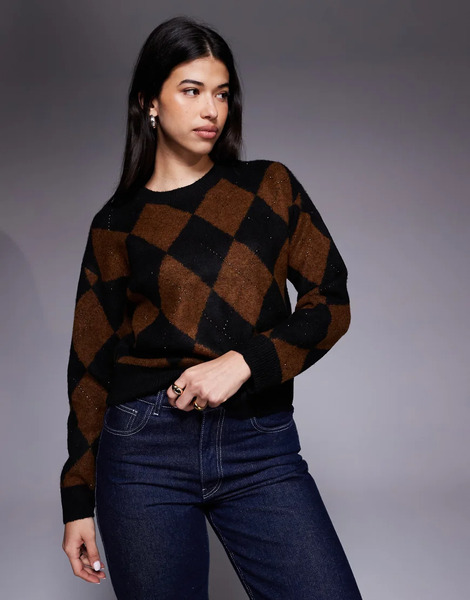  New Look Sequin Embellished Argyle Jumper In Black 