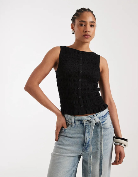  New Look Shirred Button Through Tank In Black 