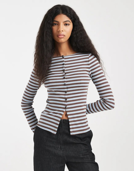  New Look Stripe Button Through Cardigan In Blue 