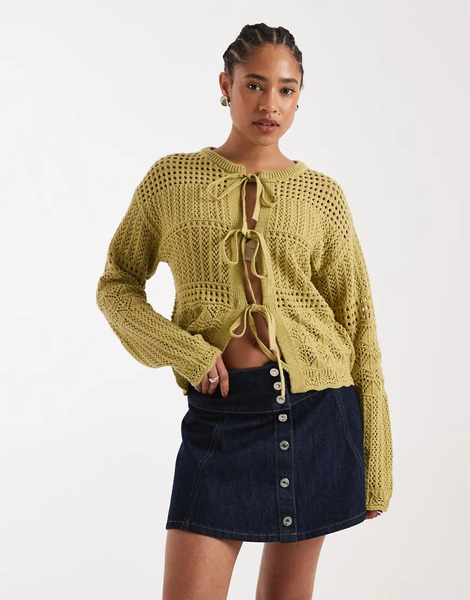  New Look Tie Front Cardigan In Green 