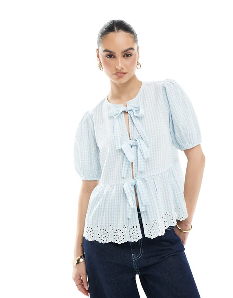  New Look Tie Front Gingham Top In Blue 