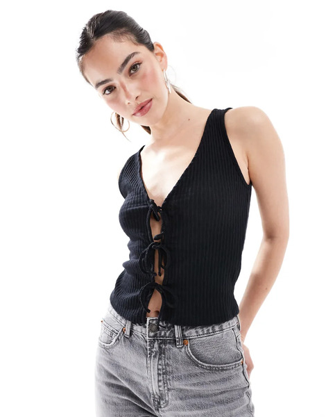  New Look Tie Front Jersey Vest In Black 