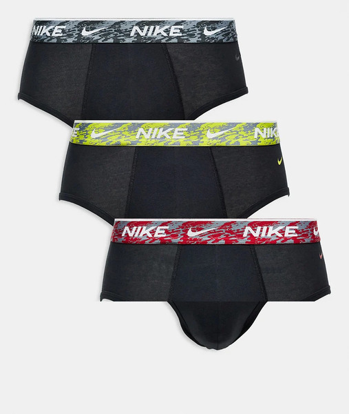  Nike Everyday Cotton Stretch 3 Pack Hip Brief In Black With Graphic Coloured Waistband In Yellow/ Grey / Red 