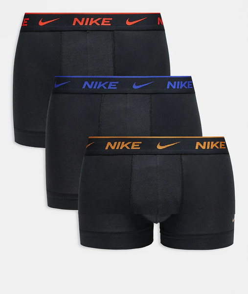  Nike Everyday Cotton Stretch 3 Pack Trunk In Black With Coloured Waistband In Blue / Yellow / Red Detail 