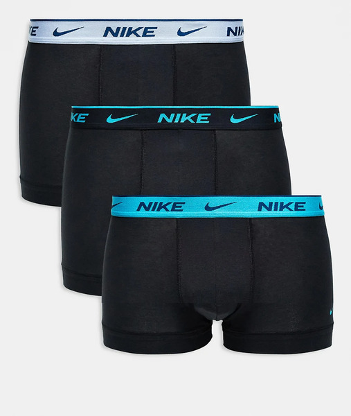  Nike Everyday Cotton Stretch 3 Pack Trunk In Blue With Coloured Waistband In Black / Blue / Light Blue 