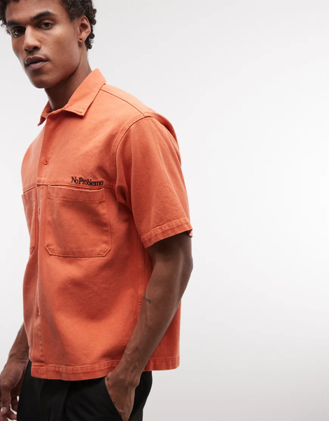  No Problemo Denim Worker Shirt In Orange Pink 