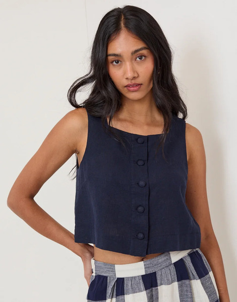  Nobody's Child Linen Blend Button Front Top In Blue Navy 
