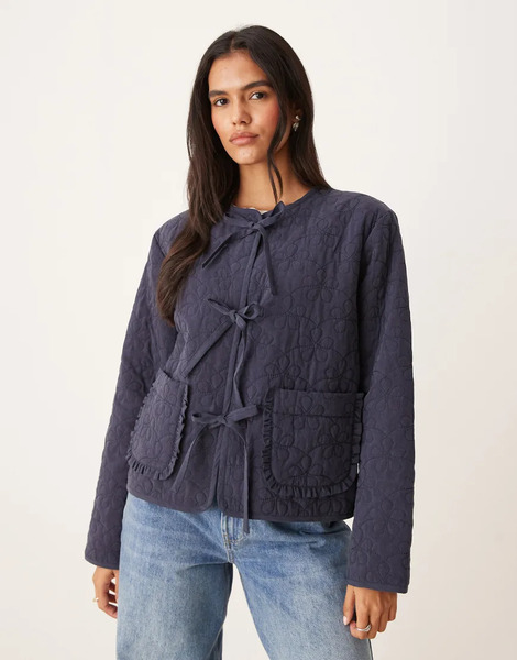  Nobody's Child Tie Front Quilted Jacket In Navy Blue 