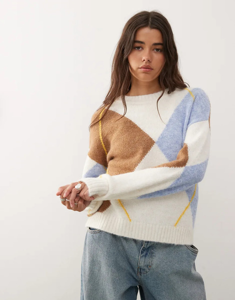  Noisy May Argyle Jumper In Beige Check Neutral 