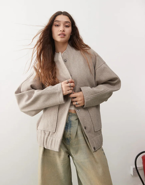  Noisy May Brushed Bomber Jacket In Beige Melange Neutral 