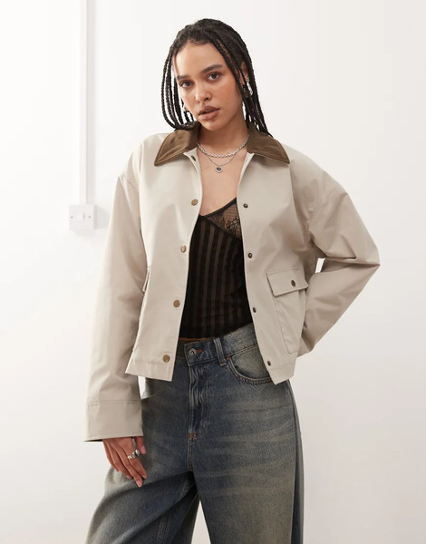  Noisy May Contrast Collar Lightweight Barn Jacket In Stone Neutral 