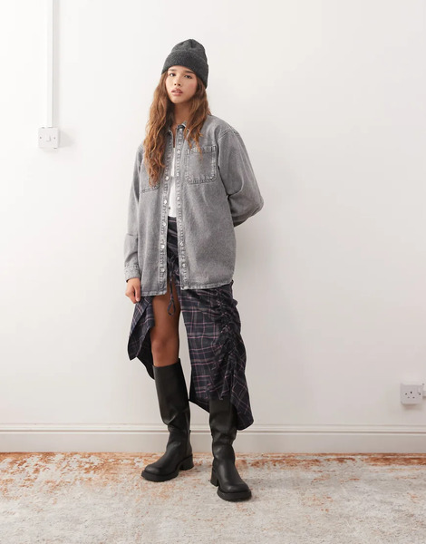  Noisy May Denim Shacket In Washed Grey 