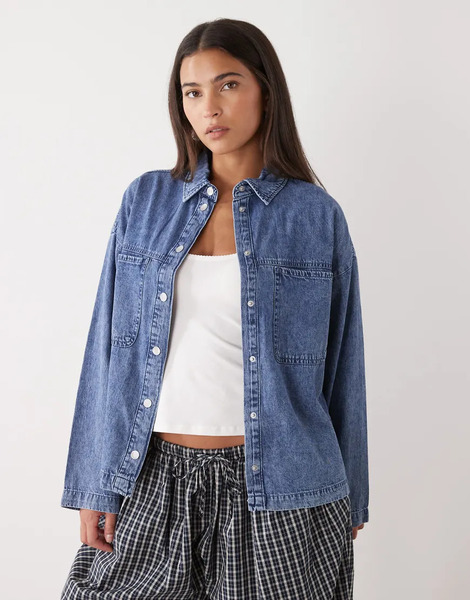  Noisy May Oversized Denim Shirt In Washed Blue 