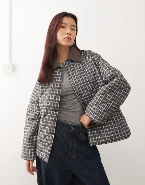  Noisy May Quilted Check Jacket In Brown 