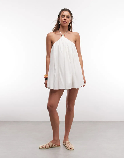  Noughts & Kisses Linen Blend Beaded Strap Detail Halterneck Lace Up Back Mini Dress In Cream Neutral 