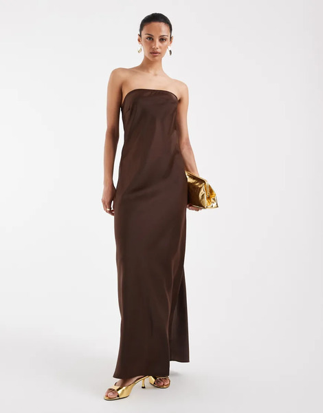  Object Bandeau Satin Maxi Dress In Chocolate Brown 