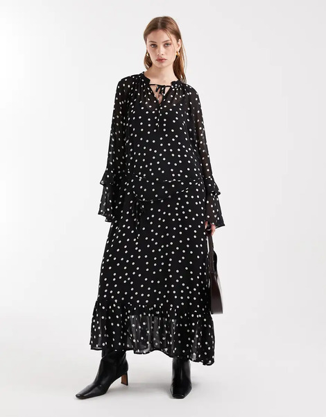  Object Boho Style Ruffle Maxi Dress In Black And White Polka Dot Print 